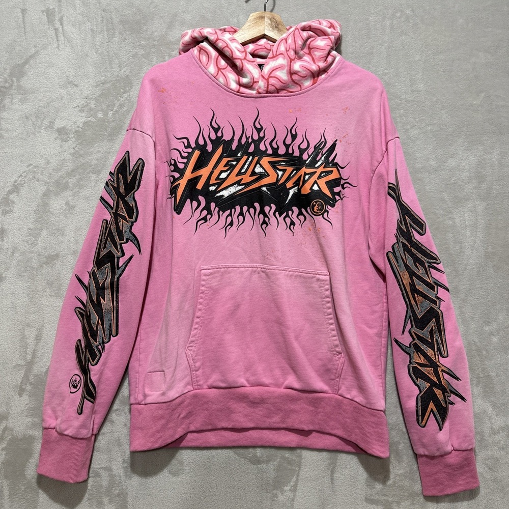 Hellstar Brainwashed with Brain Men's M Pink Hoodie Relaxed Fit Long Sleeve Logo